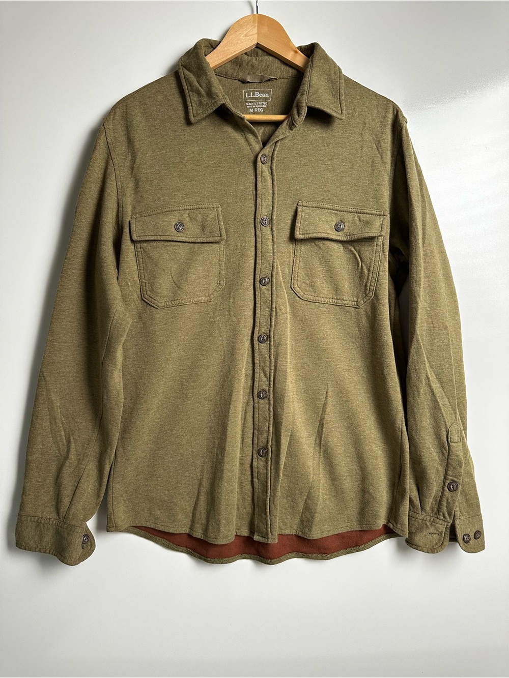 L.L. Bean Washed Cotton Double-Knit Chamois Shirt Jacket Olive Green Mens M REG